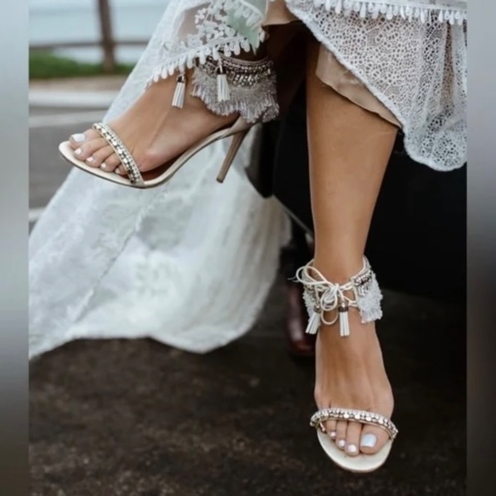 Badgley Mischka Katrina Embellished Satin High Heel Wedding Sandal NEW U…